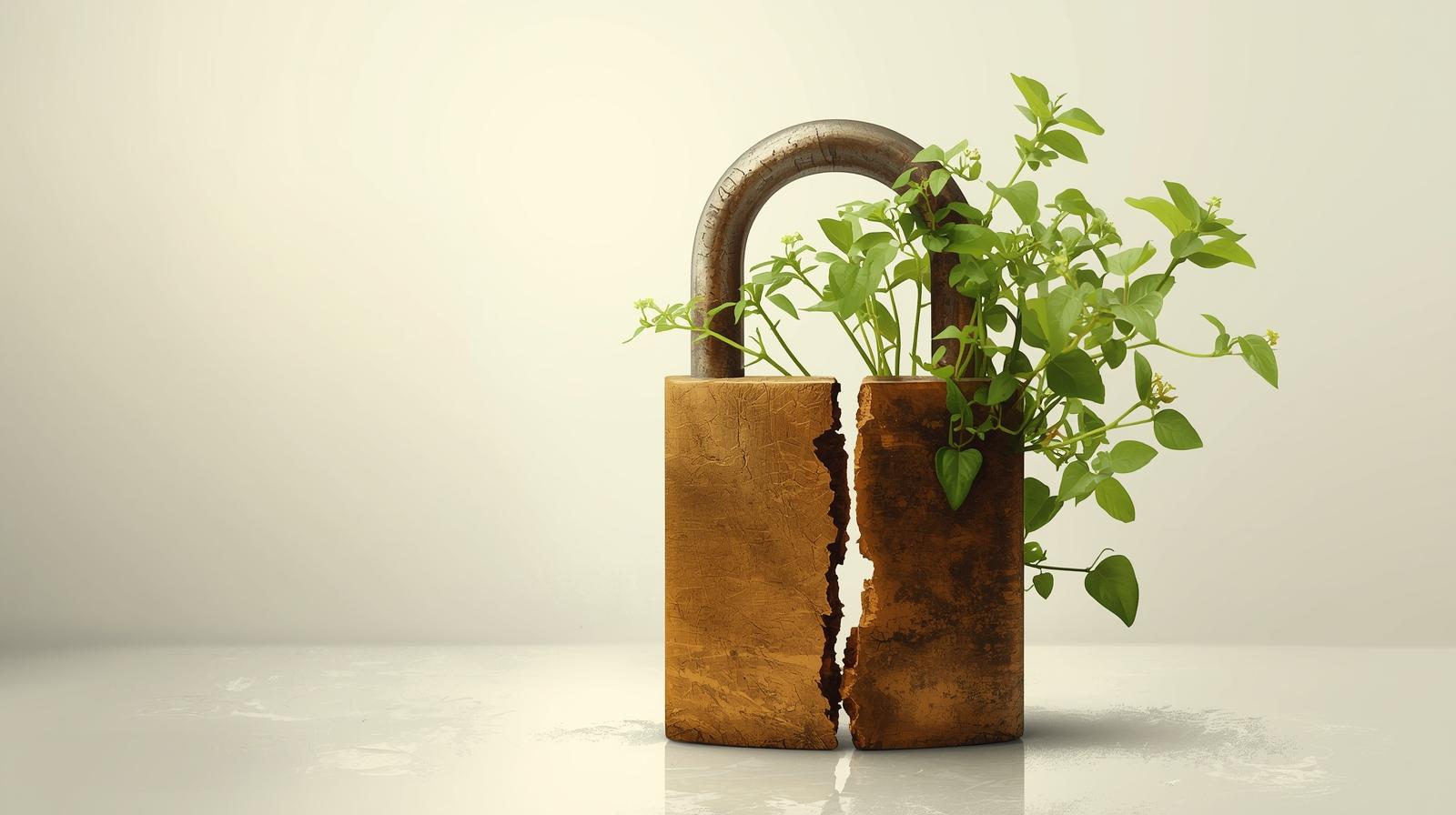 Cadenas fendu d’où pousse une plante — déverrouillage d’une situation